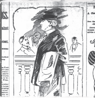Black and white newspaper image of a white woman dressed in men's clothing